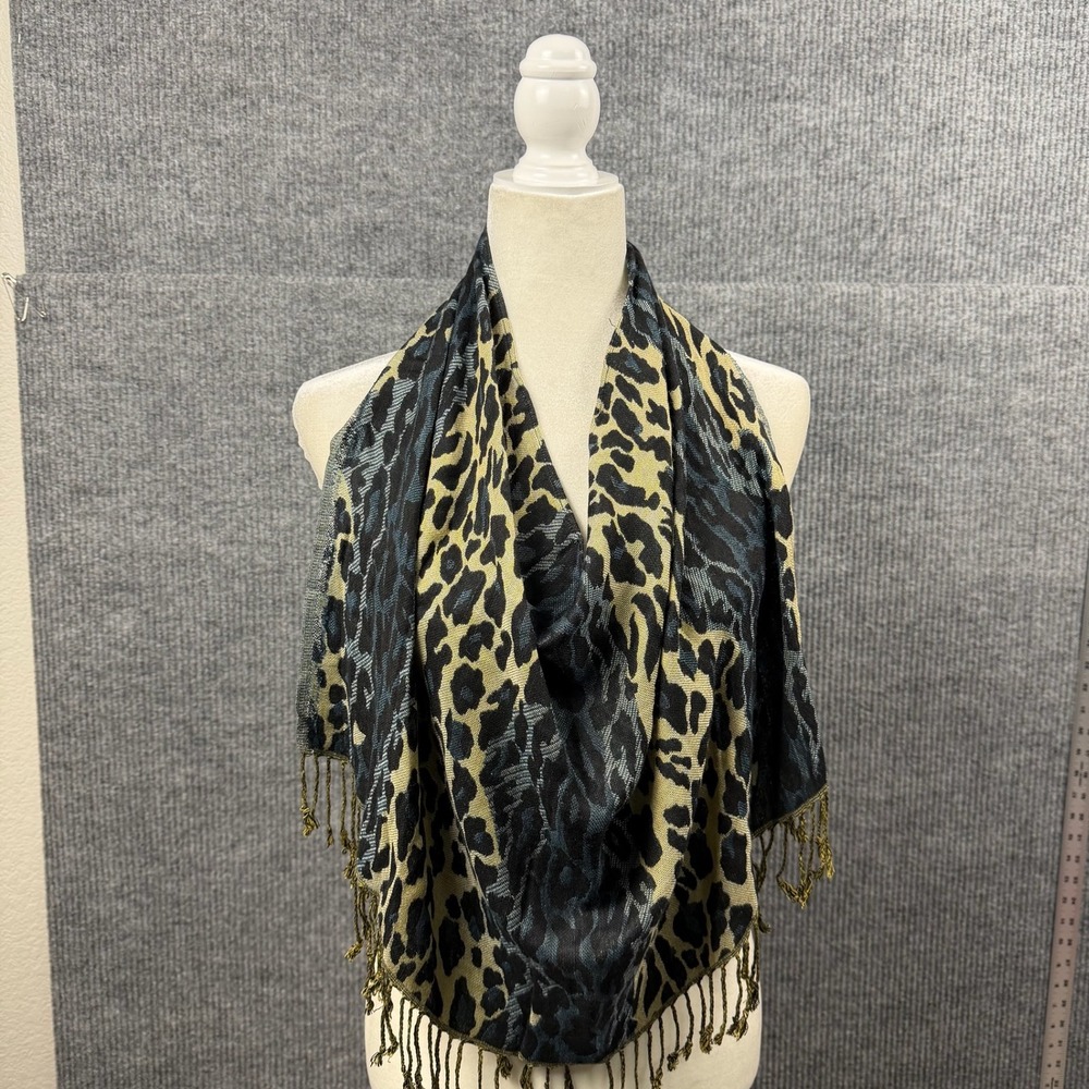 The Poshmina Scarf Womens Teal Tan Leopard Print Fringe Shawl Wrap Boho USA Made